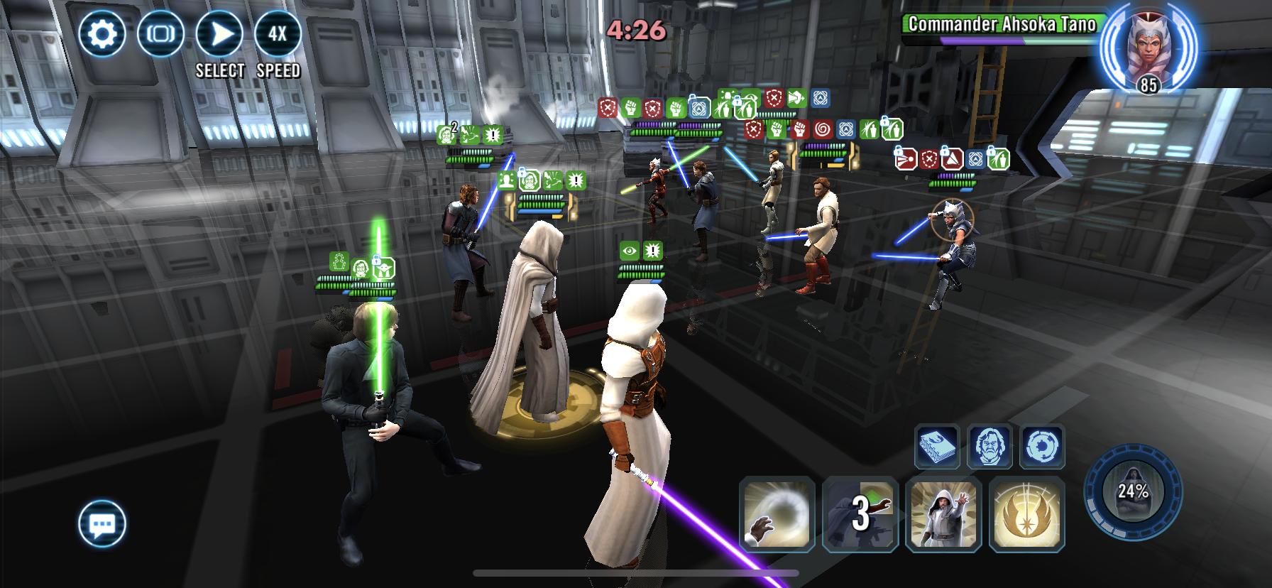 Galaxy of Heroes live battle screenshot showing ally buff icons, turn bar and 4x battle speed
