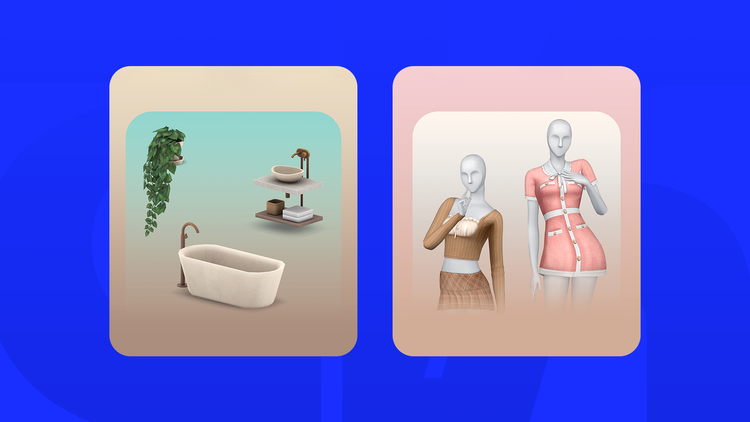 Teaser images of the two upcoming Creator Kits; one shows a bathroom furniture set with a stone bathtub, washbasin, and plant. The other shows mannequins dressed in a pleated brown outfit and a chic pink dress with white accents.