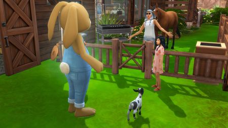 A mother and her daughter are welcoming Flower Bunny into their house garden