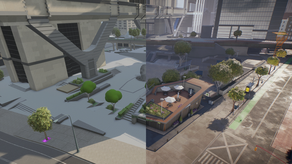 Side-by-side comparison of city block near the Financial District highlighting visual improvements between 0.26 and 0.27 updates.
