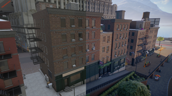 Side-by-side comparison of city block near the Canal District highlighting visual improvements between 0.26 and 0.27 updates.
