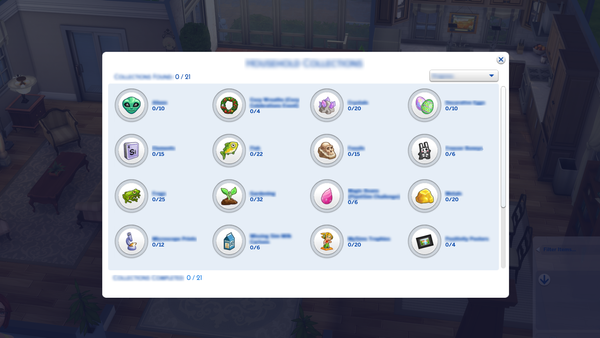 Household Collections screen displaying various collection categories with their icons, completion status, and count