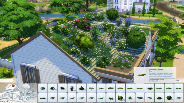 A large variety of plants on the roof of a house in Build Mode
