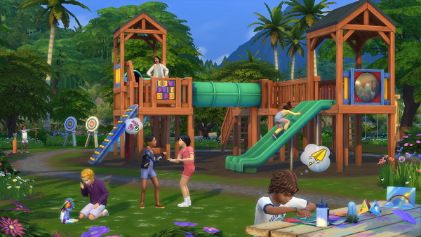 Terrain de jeu avec plusieurs Sims en train de s'amuser en jouant à des jeux d'enfants.