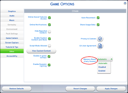 Option Boost de mémoire dans la catégorie Autres des options de jeu.