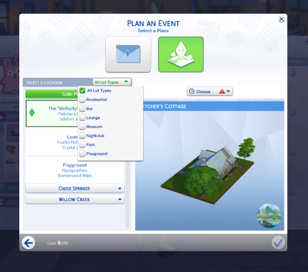 Nouveau filtre déroulant pour les types d'endroits dans l'IU du planificateur d'événements.