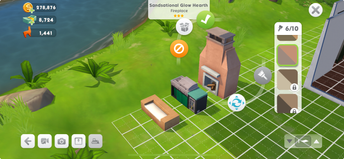 A screenshot of the sofa, grill, and fireplace Grand Prizes lined up on a house lot. The swatch interface is open to show I have 6/10 swatches unlocked.