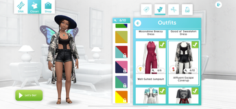 A screenshot from CAS where a Sim is wearing the Grand Prize full-body outfit. The interface says I have 6/10 swatches unlocked.