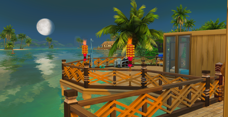 A scene from Sulani showing a beautiful house on stilts with the sea and the moon in the background