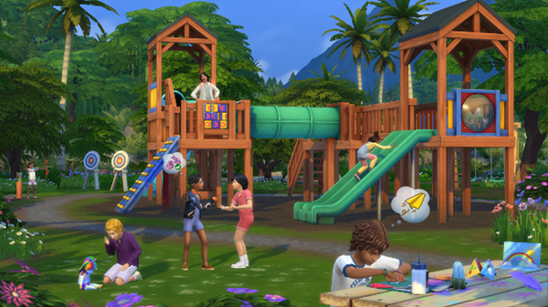 Parco giochi con diversi Sims impegnati in attività divertenti per bambini.