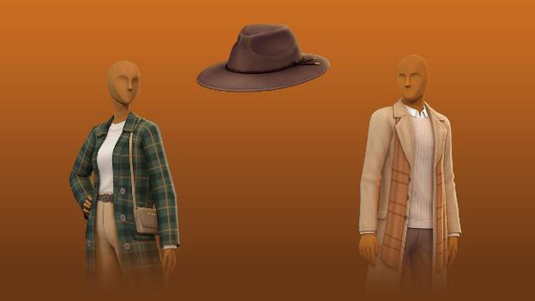 Un'immagine di tre nuovi oggetti (due capi a strati e un cappello a tesa larga) inclusi in The Sims 4 Abiti Autunnali Kit