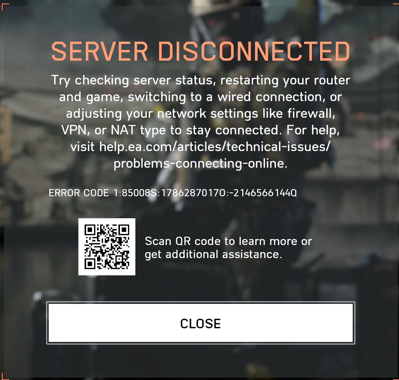 Server Disconnected, Error code 1:85008S:17862870170:-2146566144Q