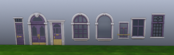 trois portes et cinq fenêtres, rectangulaires ou en arches. Elles ont toute un liseré extérieur blanc et une structure d'un violet clair. Certaines présentent des touches de doré.