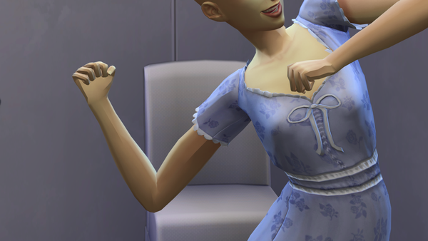 A somewhat haunting picture of a sim with very blocky hands. This sim, which had CC skin and CC lighting now appears blocky around the arms and hands
