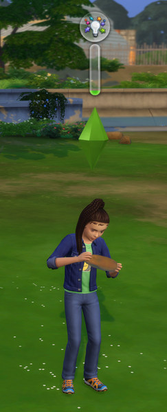 Capture d'écran d'une petite fille Sim sculptant un morceau d'argile à l'extérieur. L'interface utilisateur indique qu'elle améliore sa compétence fondamentale Créativité en utilisant le morceau d'argile.