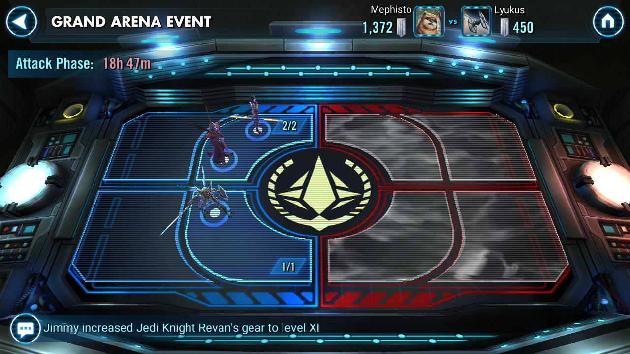 Authentic Galaxy of Heroes Grand Arena attack phase screen with zone tiles and an attack timer